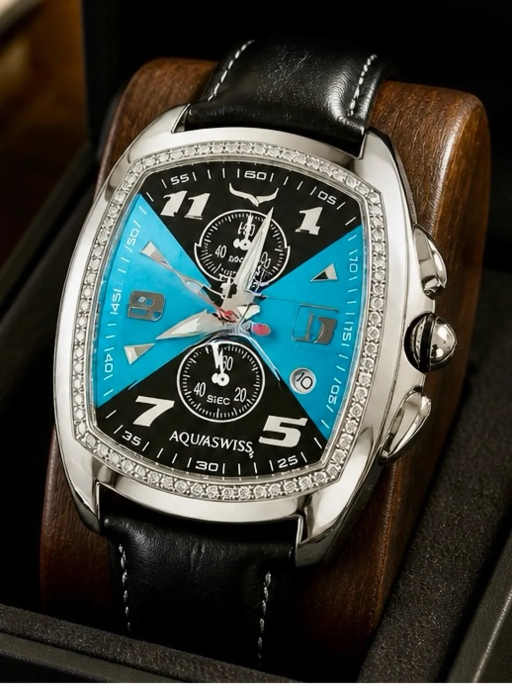AquaSwiss Ice Prism Crystal Diamond Blue & Black Chrono Date Watch Leather Band